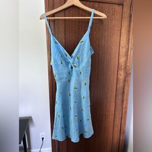 Blue Linen Dress with Lemon Print